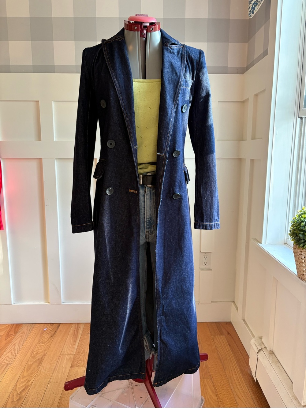 Avec Les Filles Dark Navy Long Denim Trench Coat with Button Front XS - Picture 6 of 11